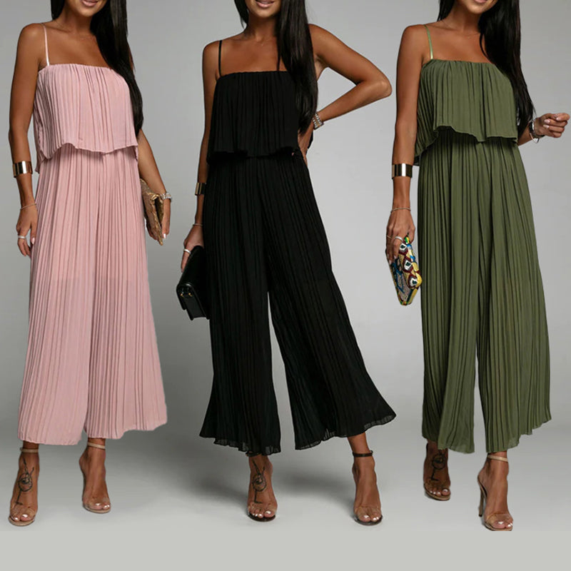 Jumpsuit mit Spaghettiträgern, Rüschensaum und plissiertem, weitem Bein