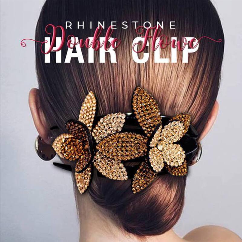 Haarspange mit doppelter Blume und Strasssteinen