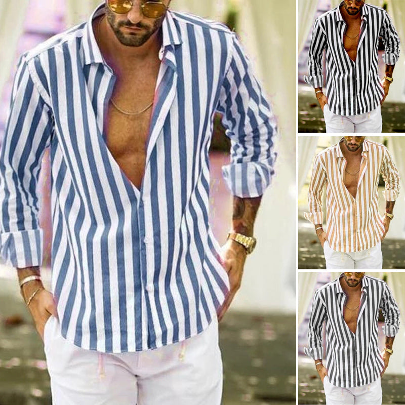 Gestreiftes Button-Down-Langarmshirt für Herren aus Baumwollleinen