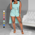 3-teiliges Set aus geripptem Crop-Tanktop und kurze Hose mit Weste-Strickjacke