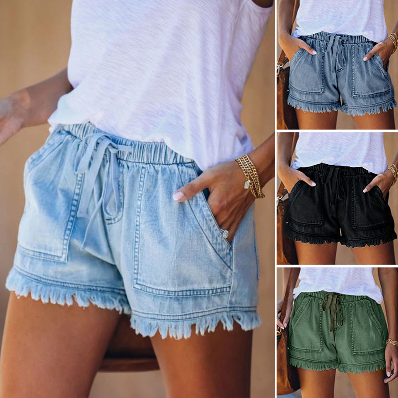 Lässige Jeans-kurze Hose für Damen mit Taschen, Baumwoll-Jeans-kurze Hose
