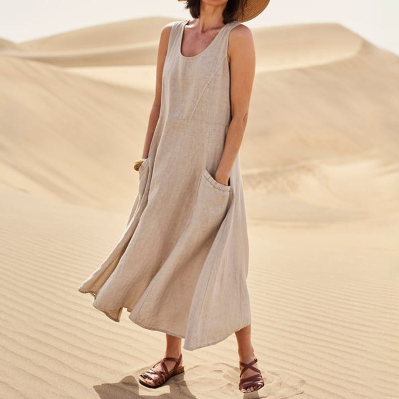 Ärmelloses Damenkleid aus Baumwolle und Leinen