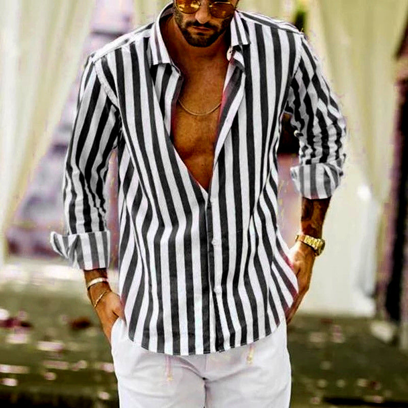 Gestreiftes Button-Down-Langarmshirt für Herren aus Baumwollleinen Zweitbild