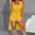 3-teiliges Set aus geripptem Crop-Tanktop und kurze Hose mit Weste-Strickjacke