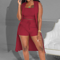 3-teiliges Set aus geripptem Crop-Tanktop und kurze Hose mit Weste-Strickjacke