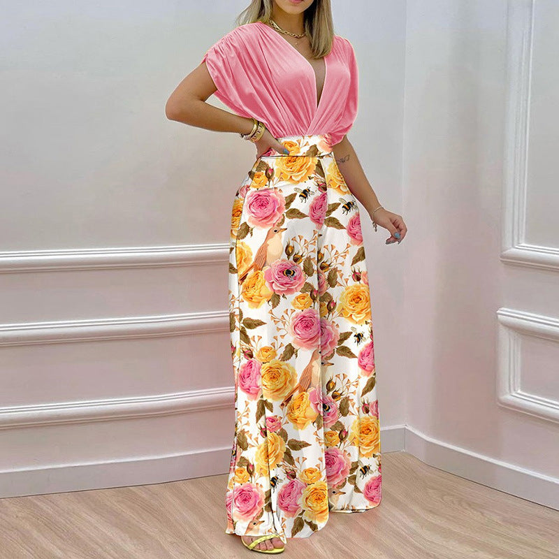 Set aus einfarbigem Hemd und lockerer Hose mit Blumenmuster