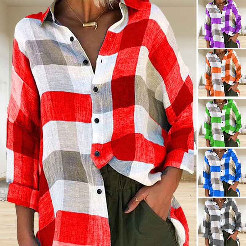 Damen bedrucktes Langarmshirt, lockeres kariertes Hemd