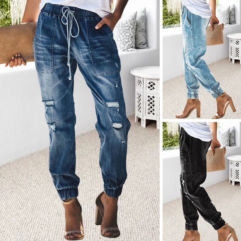 Bequeme, zerrissene Jeans mit Kordelzug Zweitbild